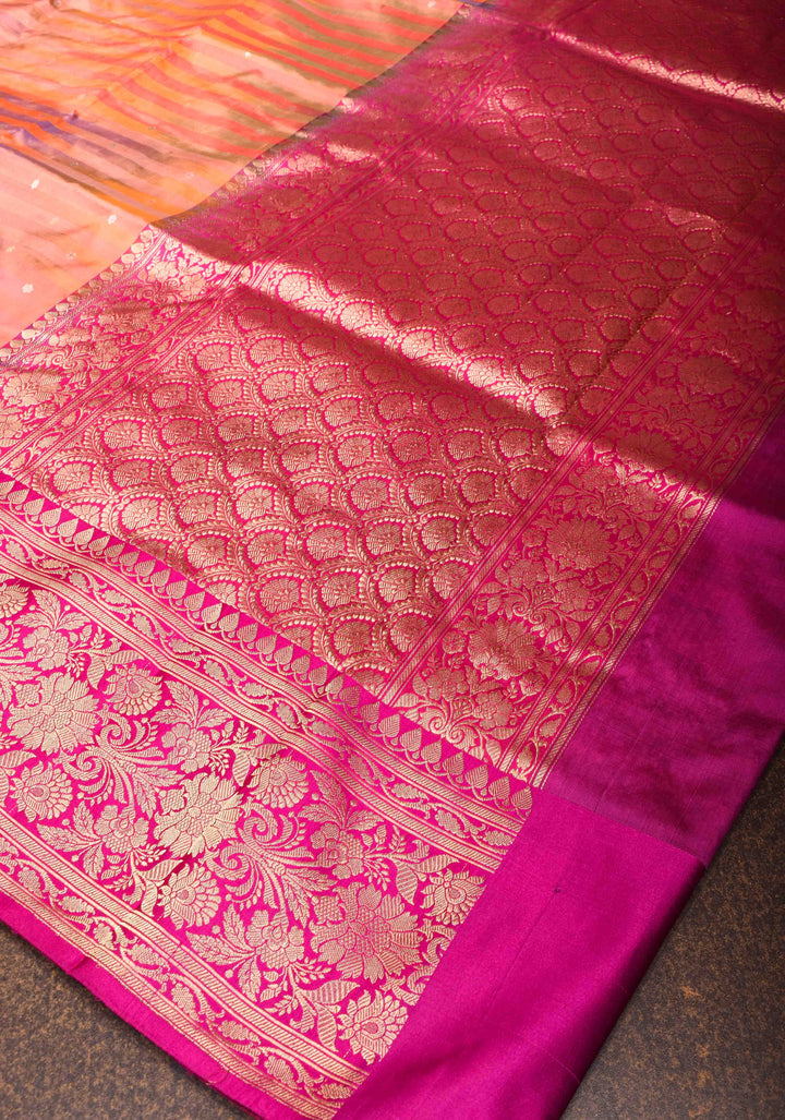 Peach Orange Banarasi Katan Silk Saree with Ombre Stripes, Sona Rupa Chunri Butis and Zari Border | SILK MARK CERTIFIED