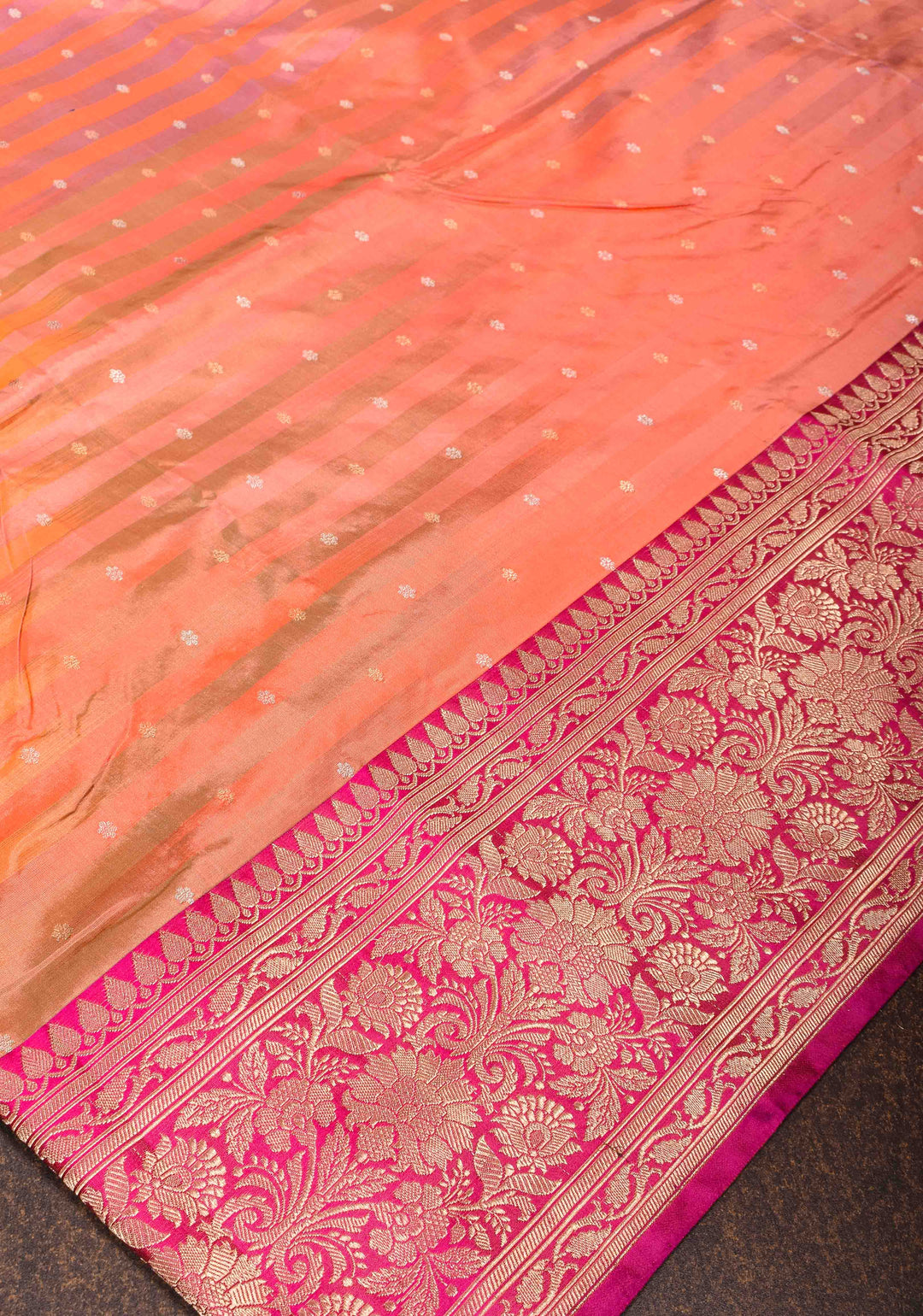 Peach Orange Banarasi Katan Silk Saree with Ombre Stripes, Sona Rupa Chunri Butis and Zari Border | SILK MARK CERTIFIED