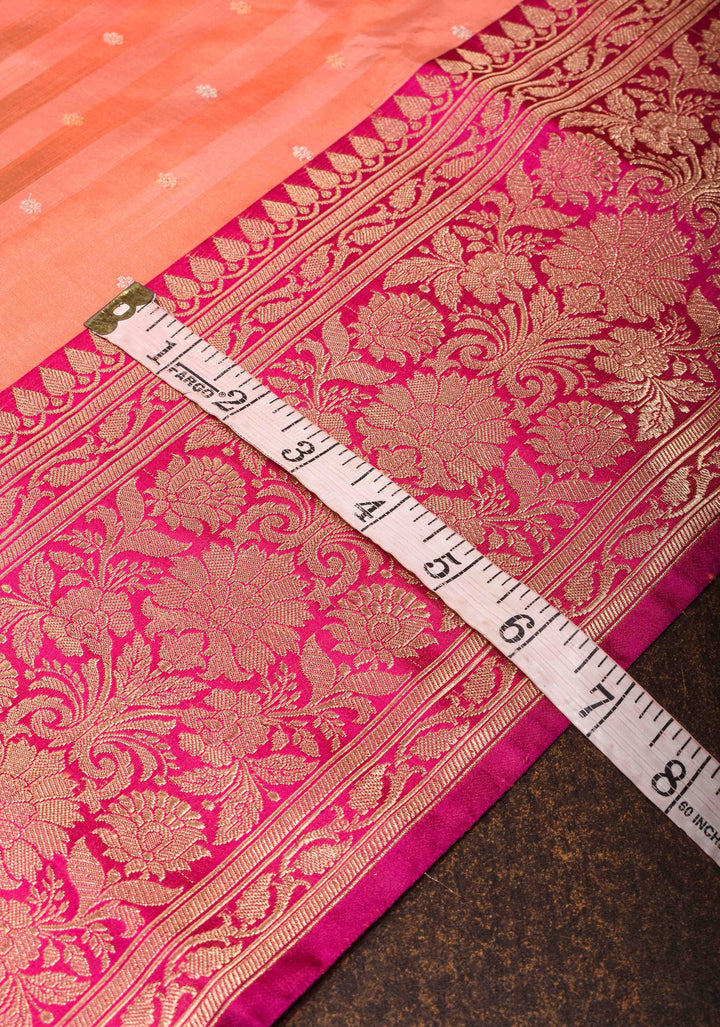 Peach Orange Banarasi Katan Silk Saree with Ombre Stripes, Sona Rupa Chunri Butis and Zari Border | SILK MARK CERTIFIED