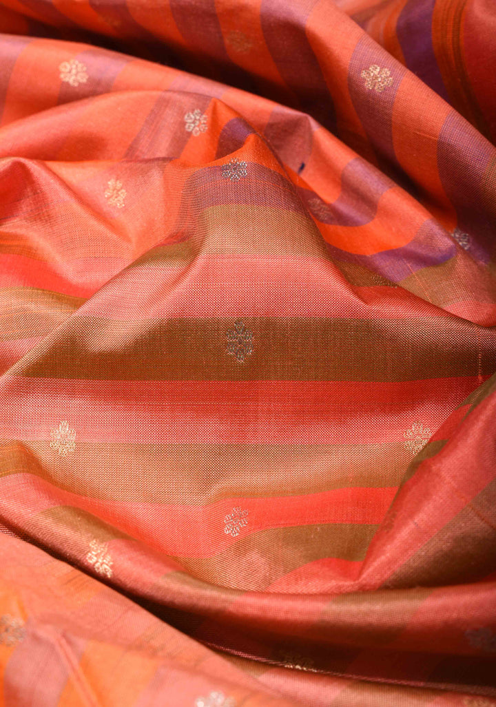 Peach Orange Banarasi Katan Silk Saree with Ombre Stripes, Sona Rupa Chunri Butis and Zari Border | SILK MARK CERTIFIED
