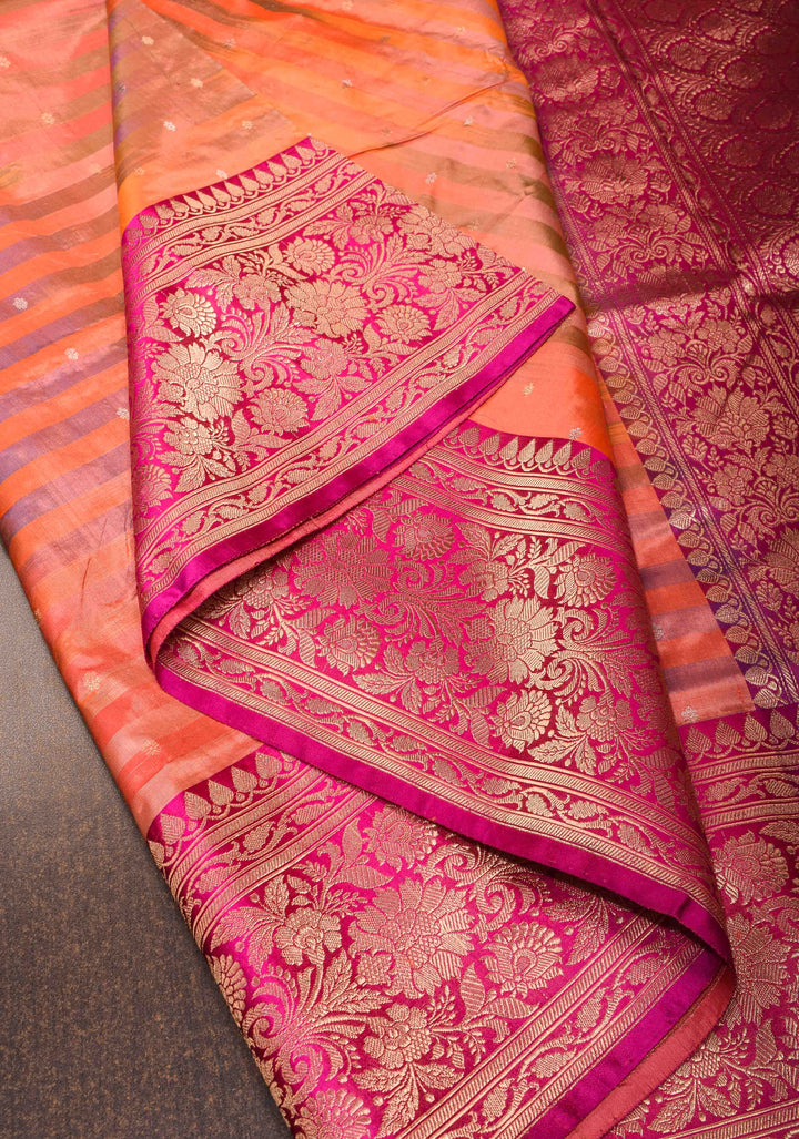 Peach Orange Banarasi Katan Silk Saree with Ombre Stripes, Sona Rupa Chunri Butis and Zari Border | SILK MARK CERTIFIED