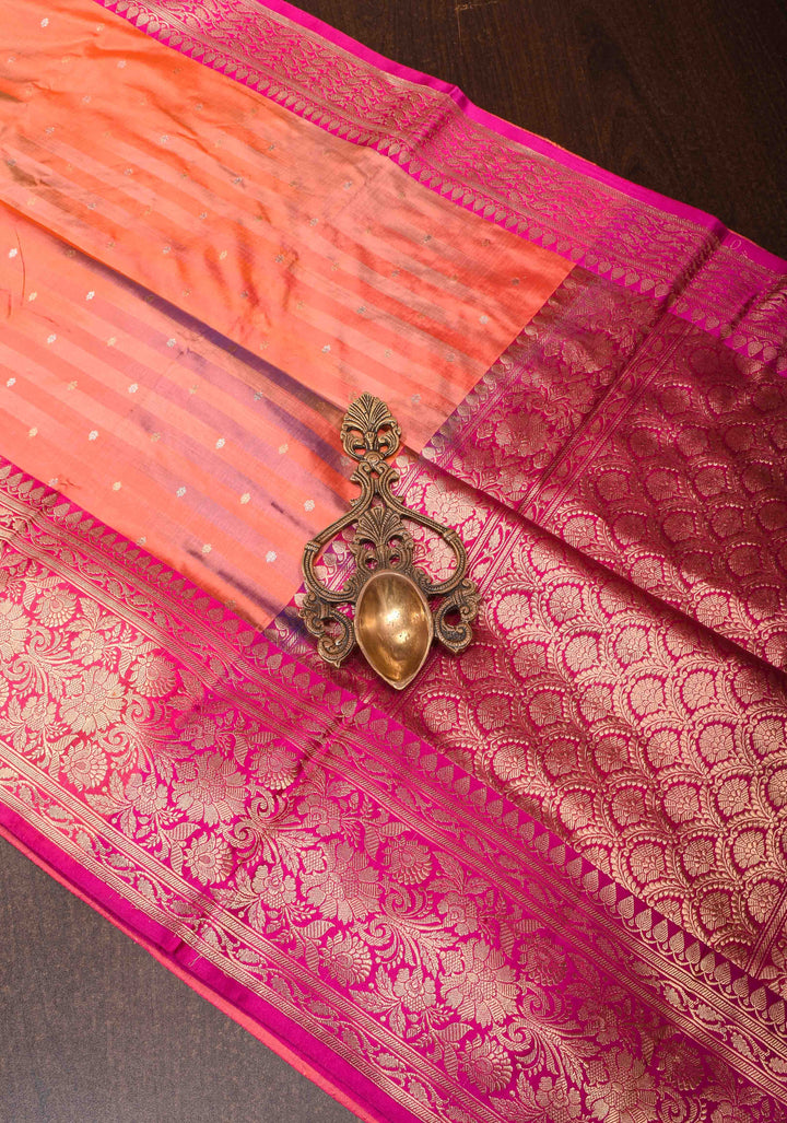Peach Orange Banarasi Katan Silk Saree with Ombre Stripes, Sona Rupa Chunri Butis and Zari Border | SILK MARK CERTIFIED