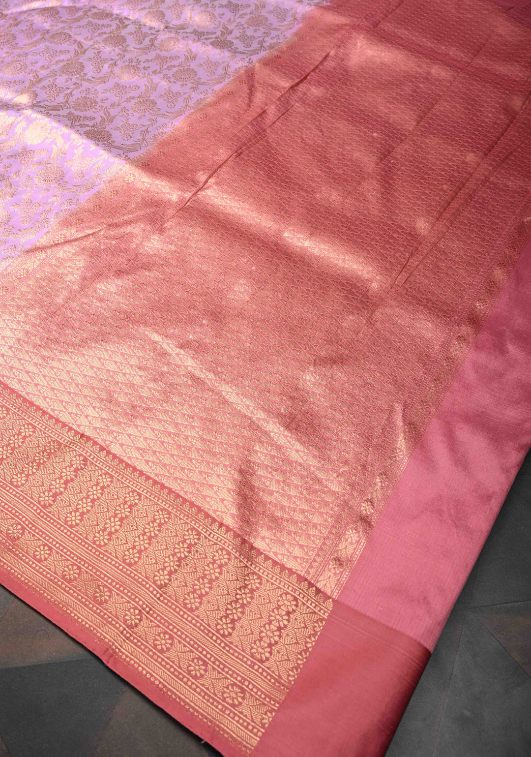 Lavender Brocade Banarasi Katan Silk Saree with Contrast Pink Zari Border | SILK MARK CERTIFIED