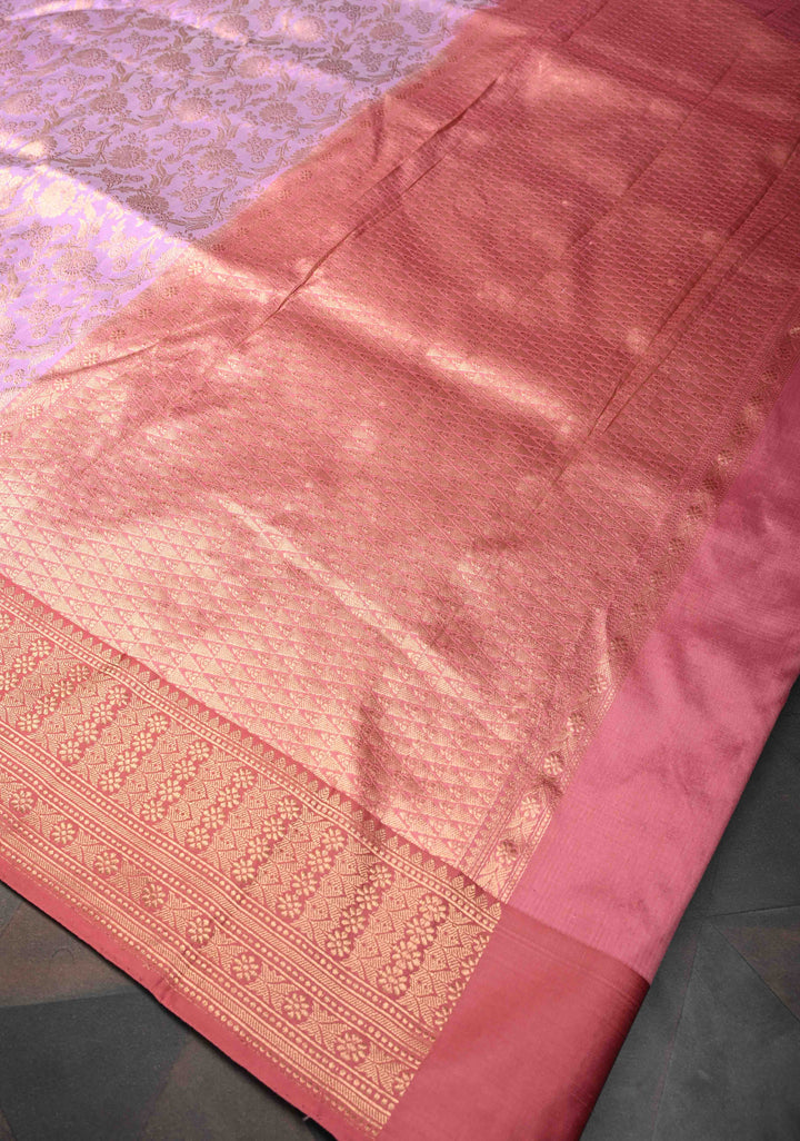 Lavender Brocade Banarasi Katan Silk Saree with Contrast Pink Zari Border | SILK MARK CERTIFIED
