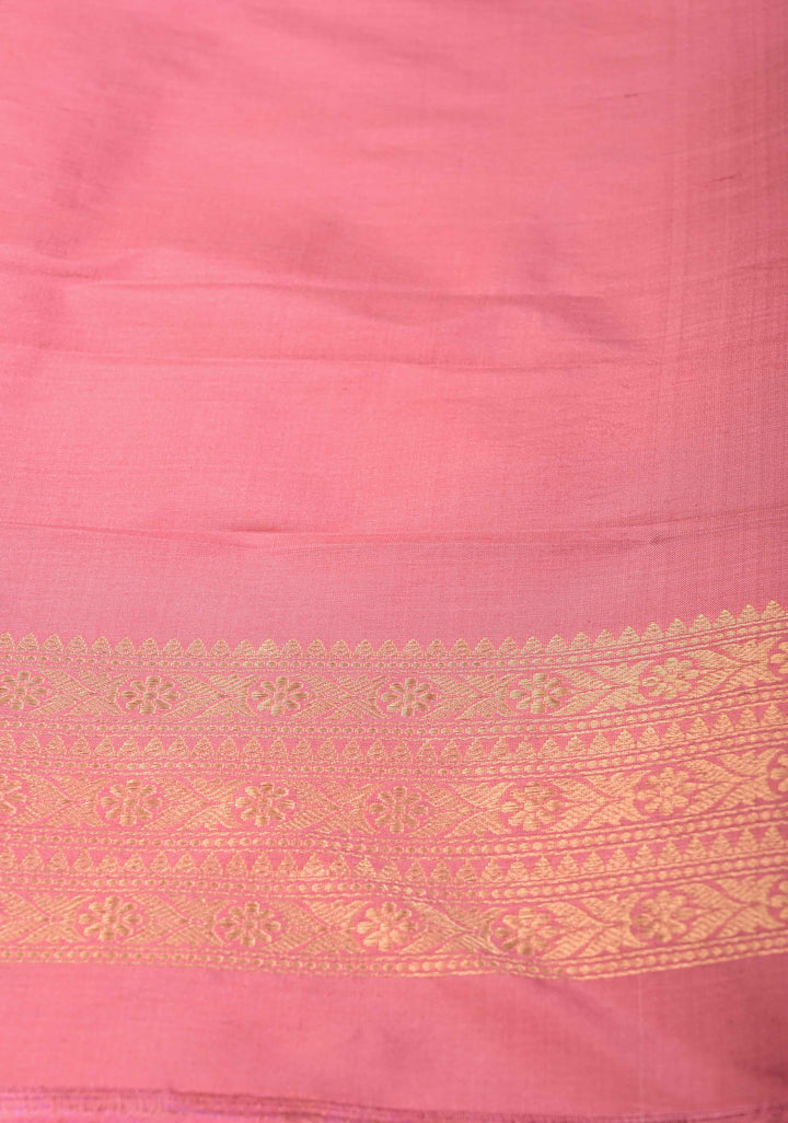 Lavender Brocade Banarasi Katan Silk Saree with Contrast Pink Zari Border | SILK MARK CERTIFIED