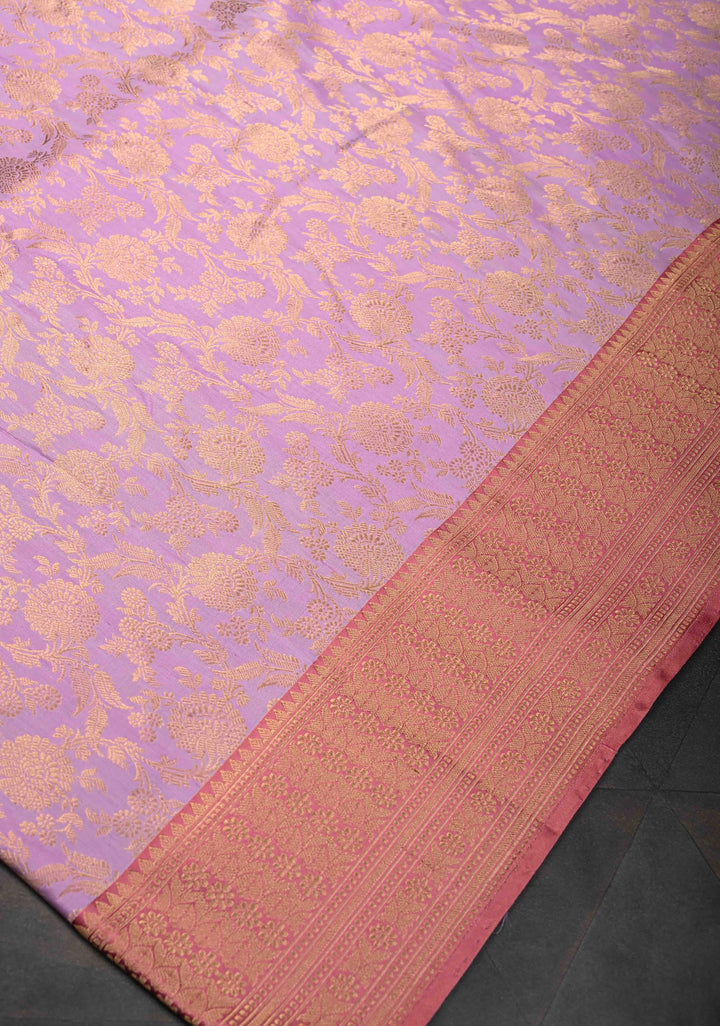 Lavender Brocade Banarasi Katan Silk Saree with Contrast Pink Zari Border | SILK MARK CERTIFIED