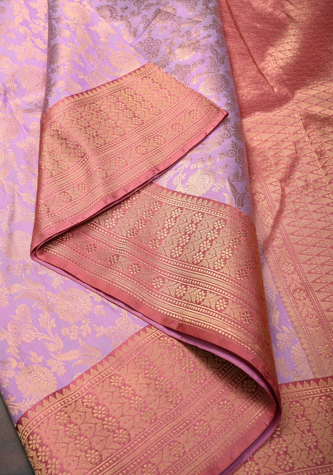 Lavender Brocade Banarasi Katan Silk Saree with Contrast Pink Zari Border | SILK MARK CERTIFIED