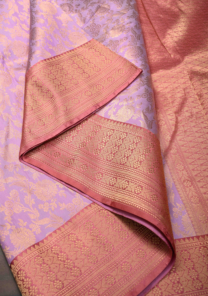 Lavender Brocade Banarasi Katan Silk Saree with Contrast Pink Zari Border | SILK MARK CERTIFIED