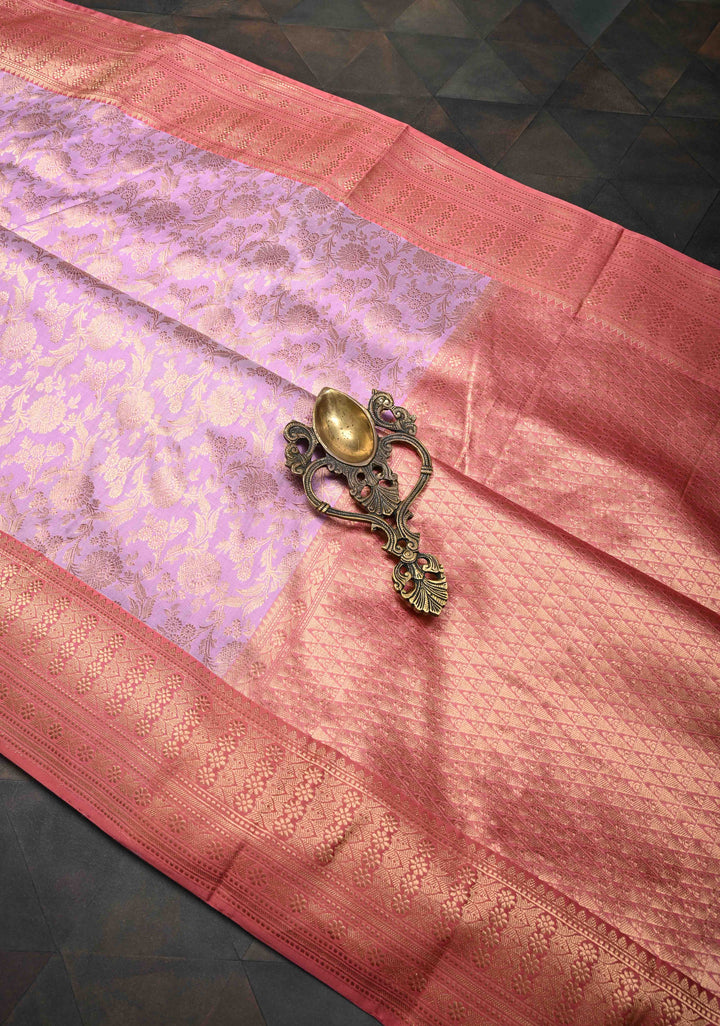 Lavender Brocade Banarasi Katan Silk Saree with Contrast Pink Zari Border | SILK MARK CERTIFIED