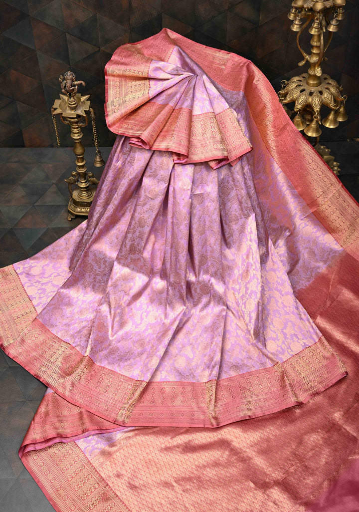 Lavender Brocade Banarasi Katan Silk Saree with Contrast Pink Zari Border | SILK MARK CERTIFIED