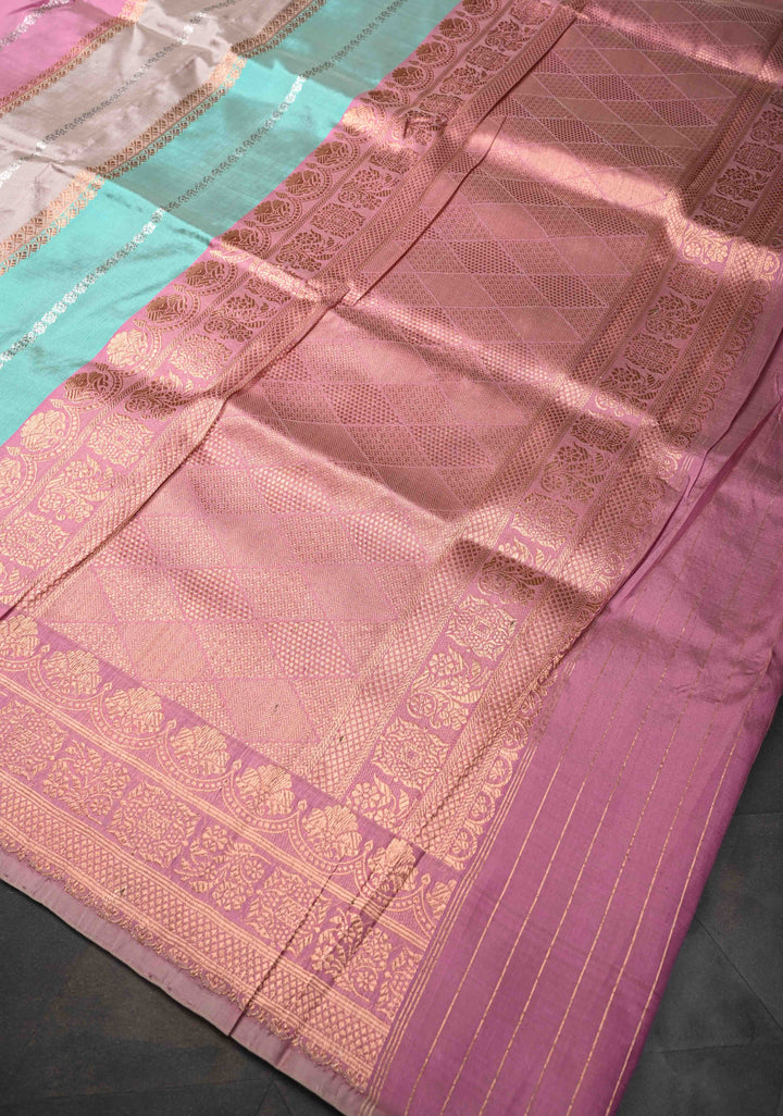 Pastel Multicolor Banarasi Katan Silk Saree with Panel Design and Scallop Zari border | SILK MARK CERTIFIED
