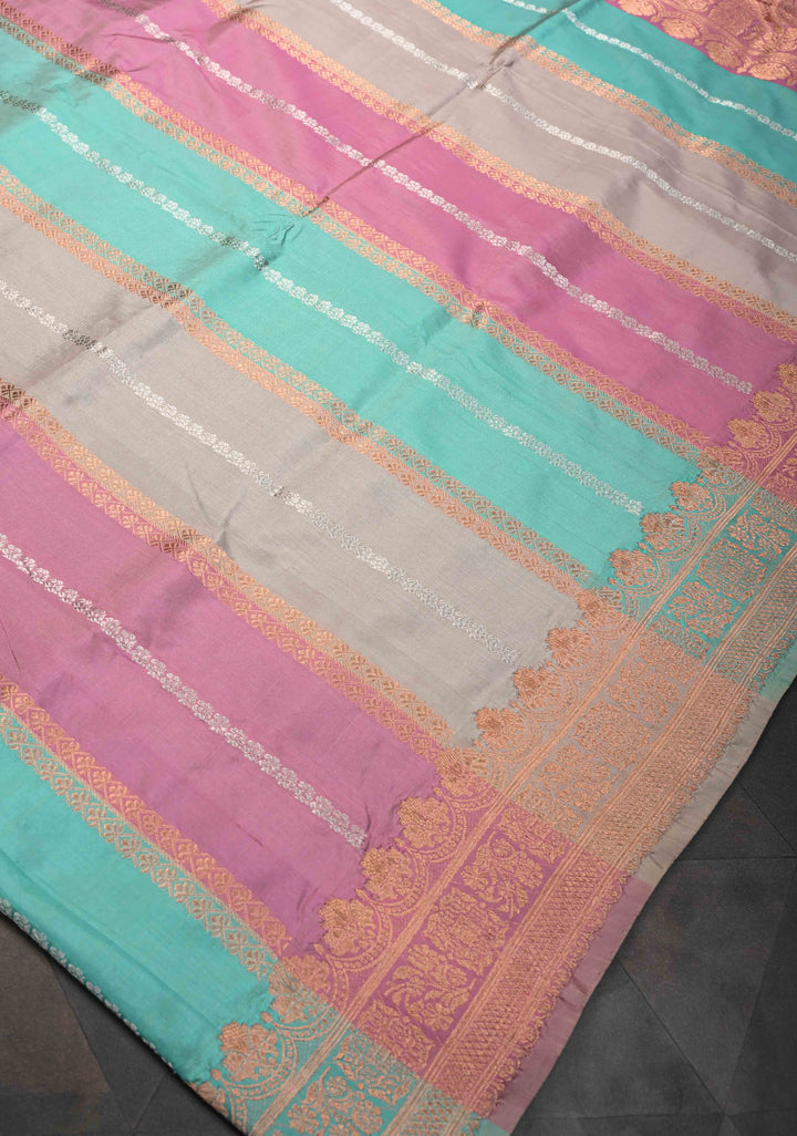 Pastel Multicolor Banarasi Katan Silk Saree with Panel Design and Scallop Zari border | SILK MARK CERTIFIED