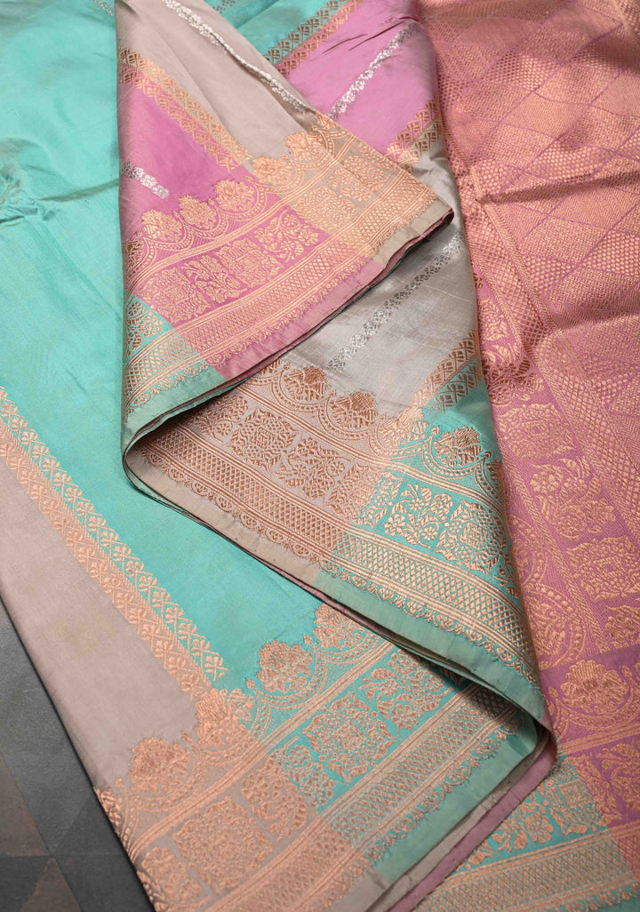 Pastel Multicolor Banarasi Katan Silk Saree with Panel Design and Scallop Zari border | SILK MARK CERTIFIED