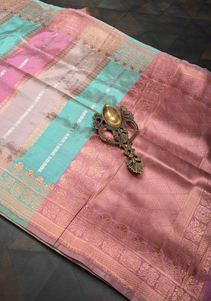 Pastel Multicolor Banarasi Katan Silk Saree with Panel Design and Scallop Zari border | SILK MARK CERTIFIED