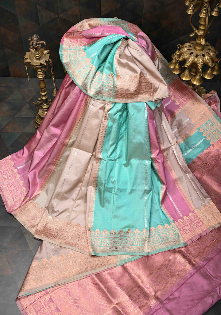 Pastel Multicolor Banarasi Katan Silk Saree with Panel Design and Scallop Zari border | SILK MARK CERTIFIED