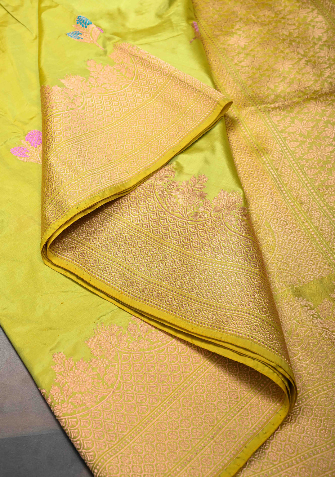 Lime Green Banarasi Katan Silk Saree with Meenakari Resham Buttas and Scallop Zari Border | SILK MARK CERTIFIED