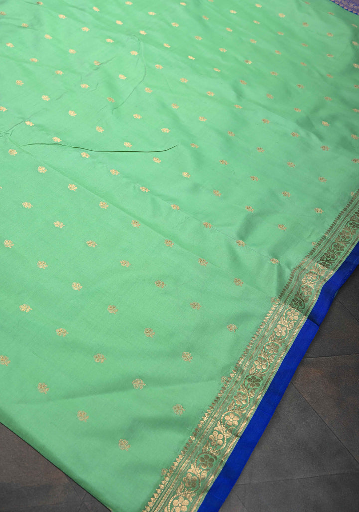 Sea Green Pure Banarasi Katan Silk Saree with Chunri Buttis and Minimal Zari Border | SILK MARK CERTIFIED