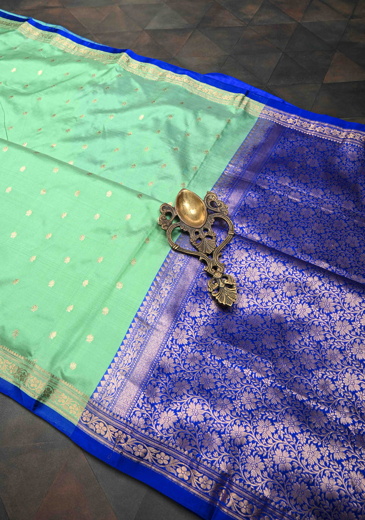 Sea Green Pure Banarasi Katan Silk Saree with Chunri Buttis and Minimal Zari Border | SILK MARK CERTIFIED