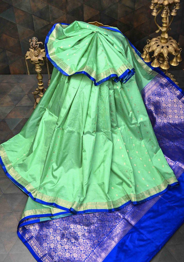 Sea Green Pure Banarasi Katan Silk Saree with Chunri Buttis and Minimal Zari Border | SILK MARK CERTIFIED