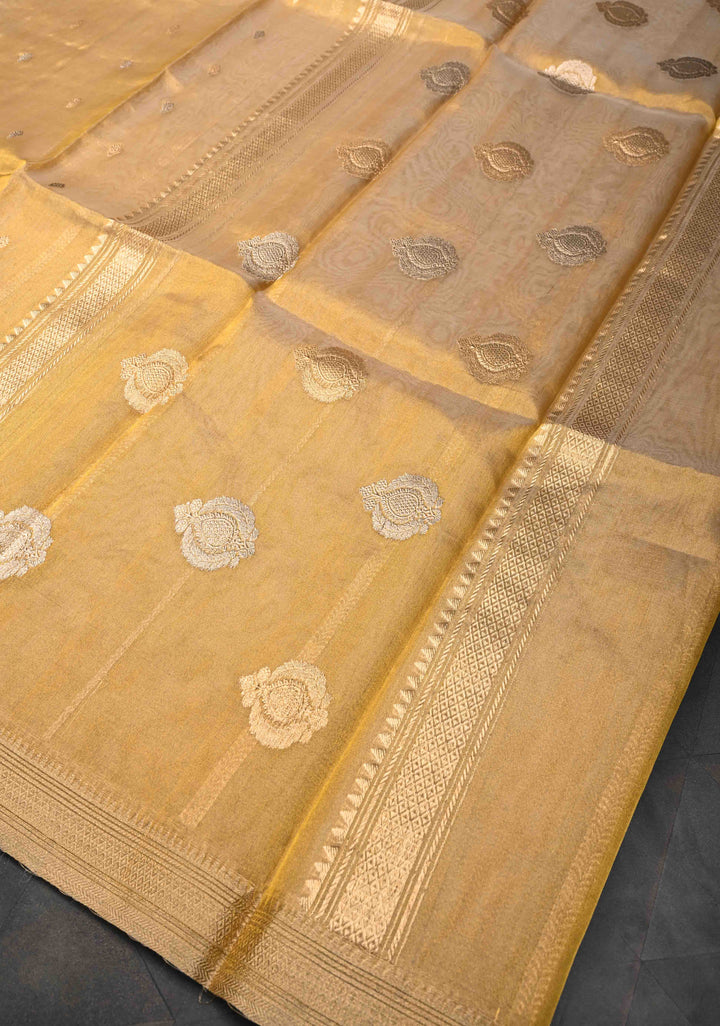 Exquisite Gold Pure Banarasi Organza Tissue Silk Saree with Sona Rupa Buttis and Zari Border | SILK MARK CERTIFIED