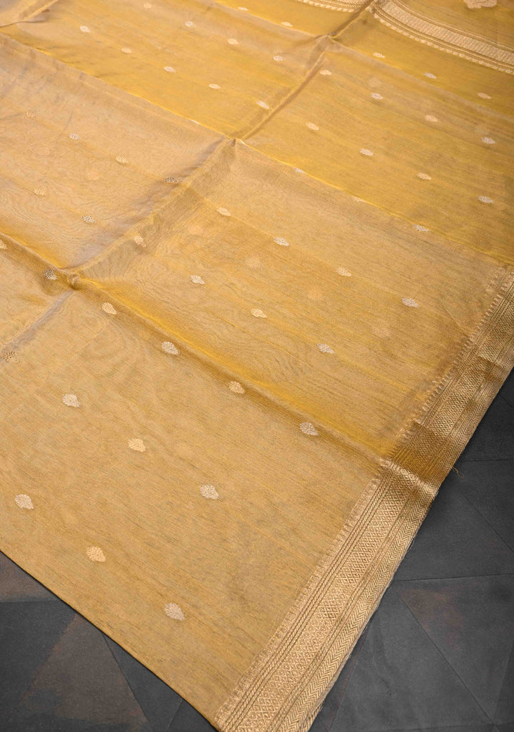 Exquisite Gold Pure Banarasi Organza Tissue Silk Saree with Sona Rupa Buttis and Zari Border | SILK MARK CERTIFIED