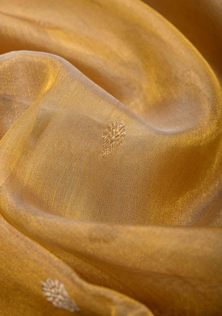 Exquisite Gold Pure Banarasi Organza Tissue Silk Saree with Sona Rupa Buttis and Zari Border | SILK MARK CERTIFIED