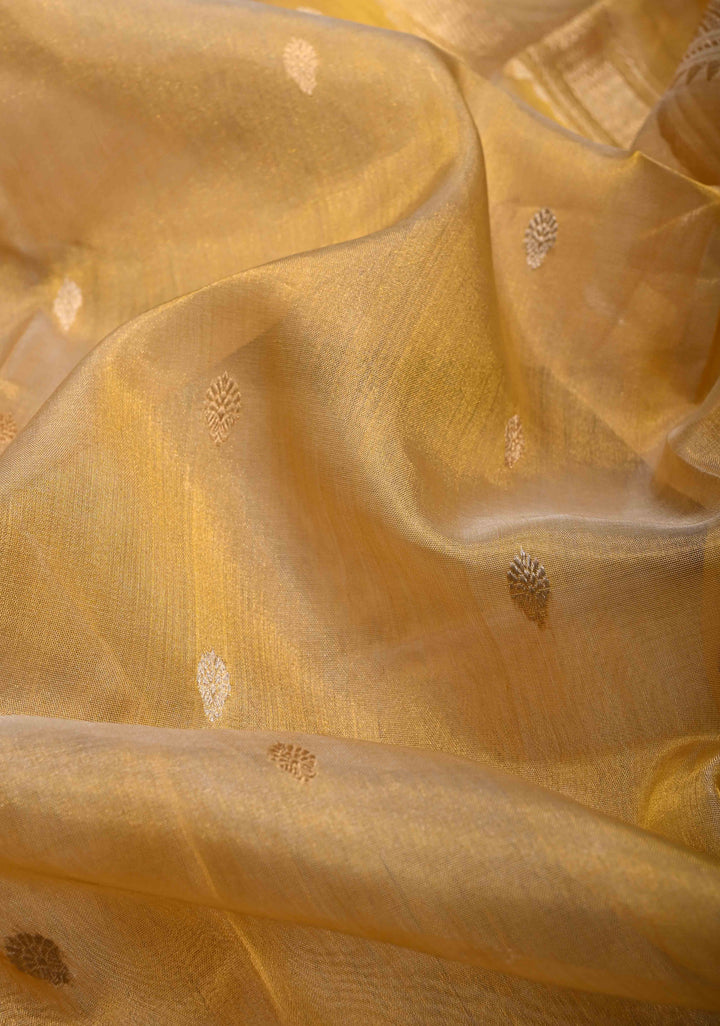 Exquisite Gold Pure Banarasi Organza Tissue Silk Saree with Sona Rupa Buttis and Zari Border | SILK MARK CERTIFIED