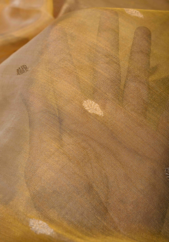 Exquisite Gold Pure Banarasi Organza Tissue Silk Saree with Sona Rupa Buttis and Zari Border | SILK MARK CERTIFIED