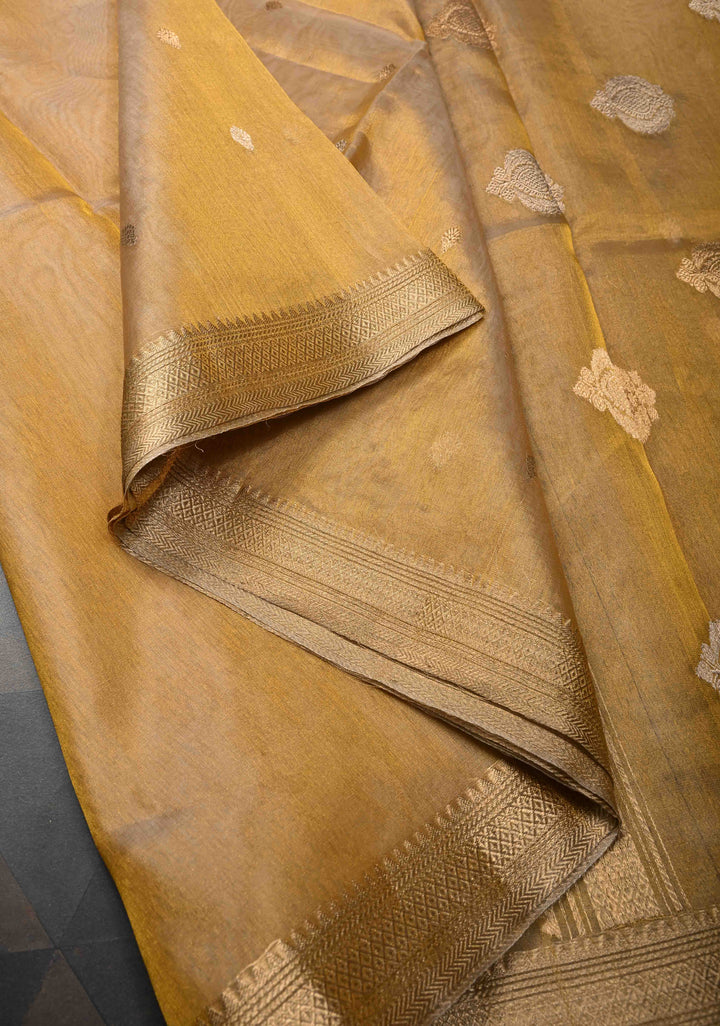Exquisite Gold Pure Banarasi Organza Tissue Silk Saree with Sona Rupa Buttis and Zari Border | SILK MARK CERTIFIED