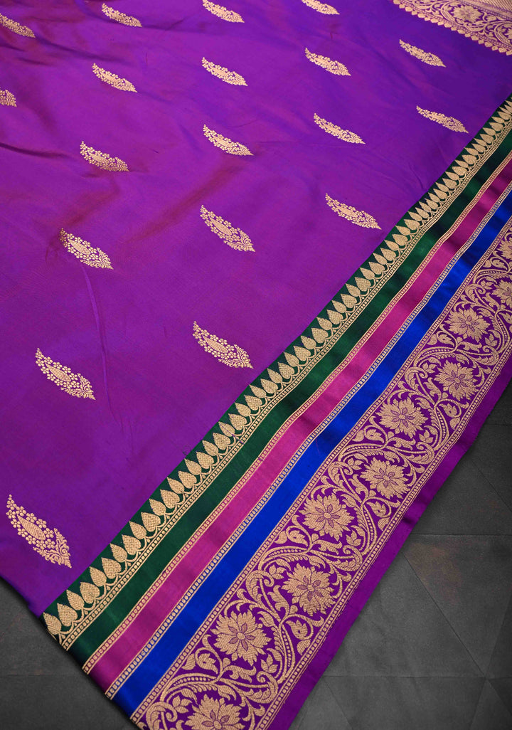Purple Banarasi Katan Silk Saree with Zari Buttas and Contrast Zari Border | SILK MARK CERTIFIED