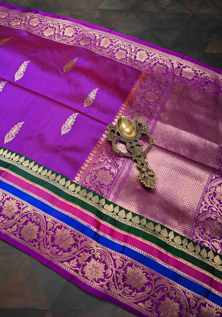 Purple Banarasi Katan Silk Saree with Zari Buttas and Contrast Zari Border | SILK MARK CERTIFIED