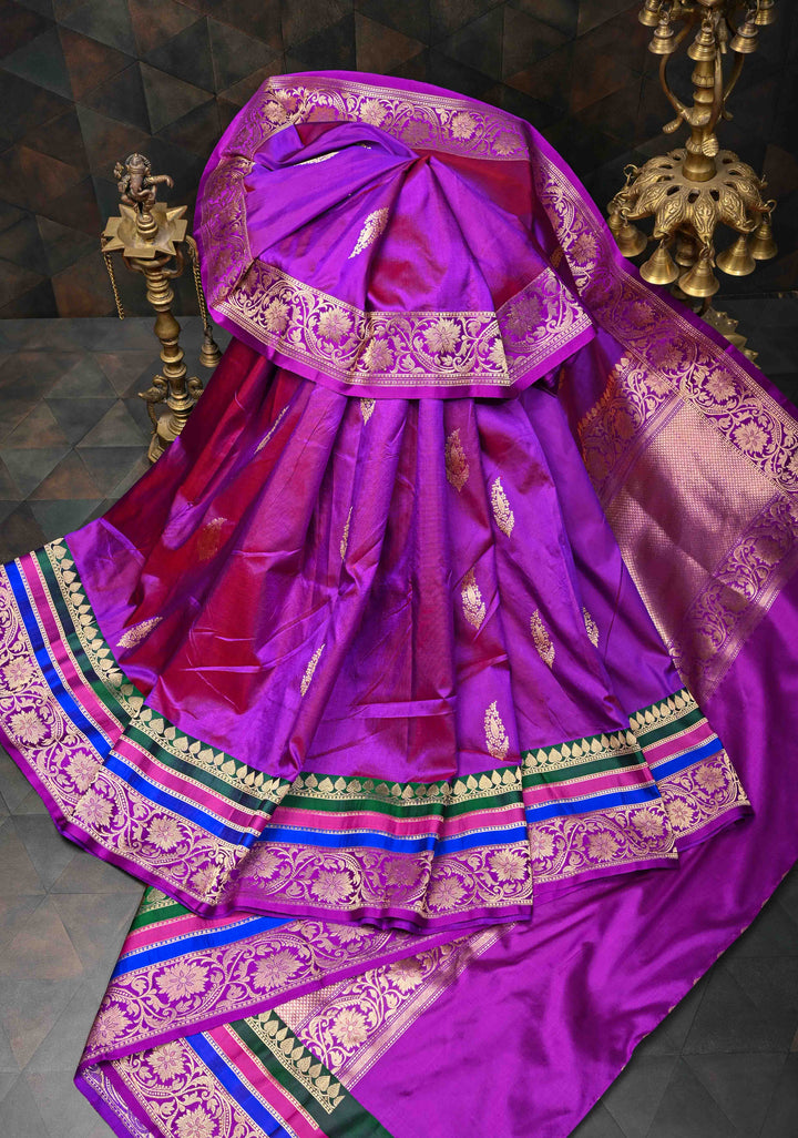 Purple Banarasi Katan Silk Saree with Zari Buttas and Contrast Zari Border | SILK MARK CERTIFIED