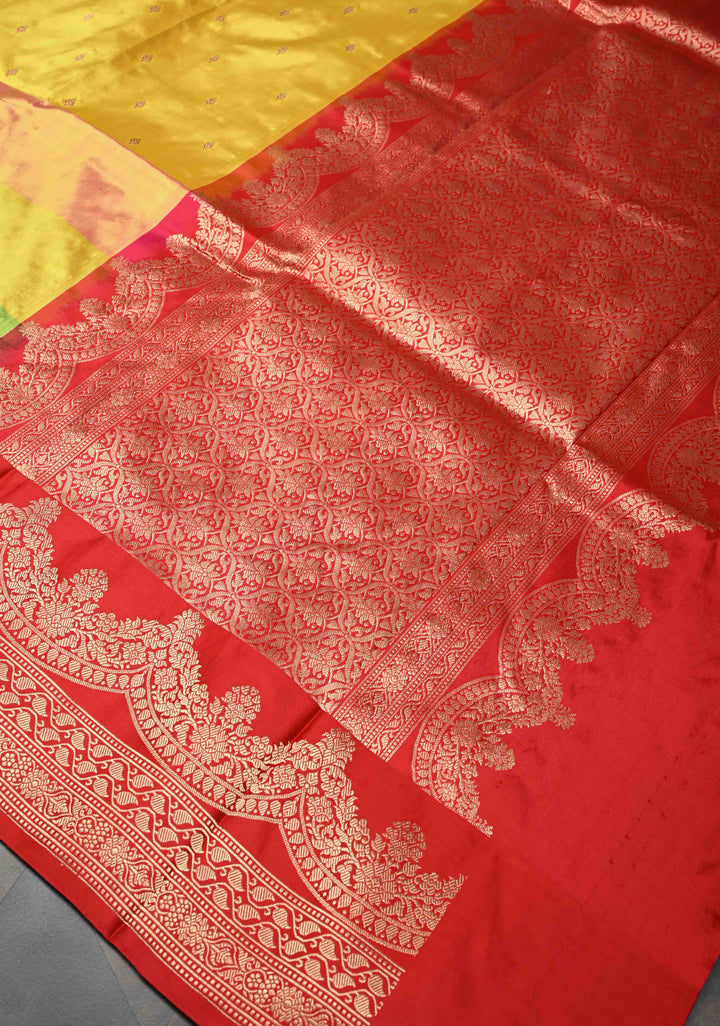 Yellow Zari Buttis on Pure Banarasi Katan Silk Saree with Multicolor Stripes and Scallop Border | SILK MARK CERTIFIED