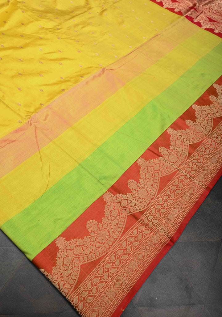 Yellow Zari Buttis on Pure Banarasi Katan Silk Saree with Multicolor Stripes and Scallop Border | SILK MARK CERTIFIED