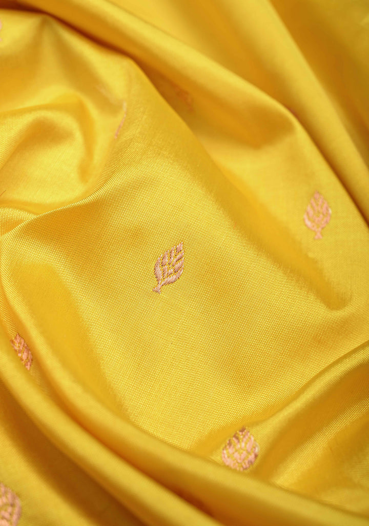 Yellow Zari Buttis on Pure Banarasi Katan Silk Saree with Multicolor Stripes and Scallop Border | SILK MARK CERTIFIED