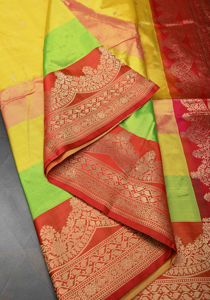 Yellow Zari Buttis on Pure Banarasi Katan Silk Saree with Multicolor Stripes and Scallop Border | SILK MARK CERTIFIED