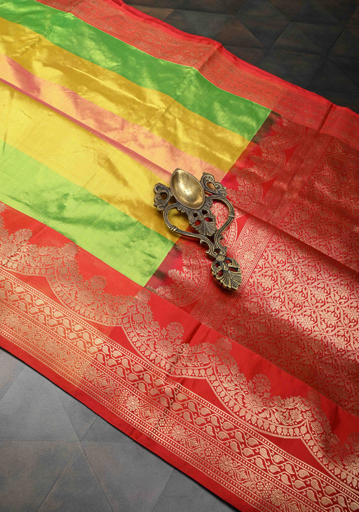 Yellow Zari Buttis on Pure Banarasi Katan Silk Saree with Multicolor Stripes and Scallop Border | SILK MARK CERTIFIED