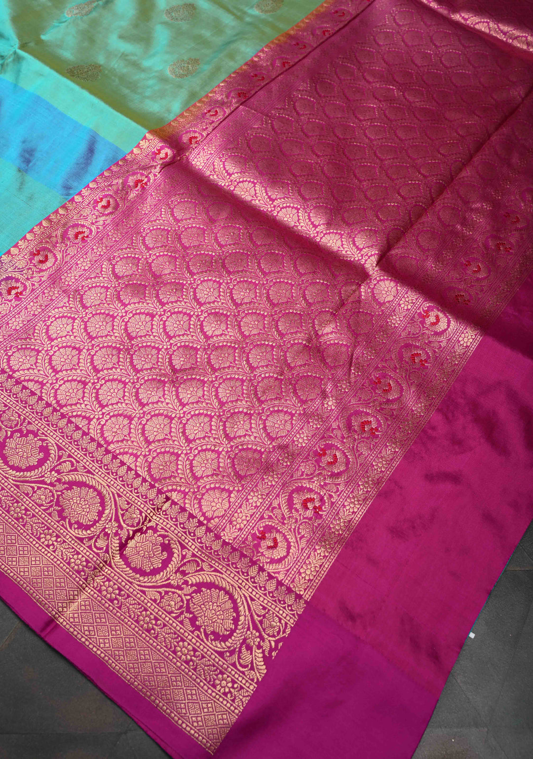 Turquoise Pure Banarasi Katan Silk Saree with Zari Buttas , MUlticolor stripes and Zari Border | SILK MARK CERTIFIED