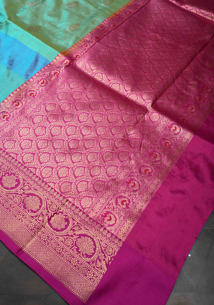 Turquoise Pure Banarasi Katan Silk Saree with Zari Buttas , MUlticolor stripes and Zari Border | SILK MARK CERTIFIED