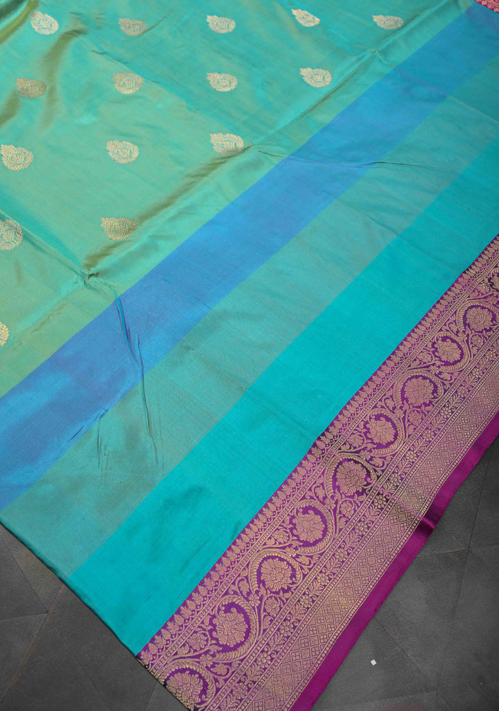 Turquoise Pure Banarasi Katan Silk Saree with Zari Buttas , MUlticolor stripes and Zari Border | SILK MARK CERTIFIED