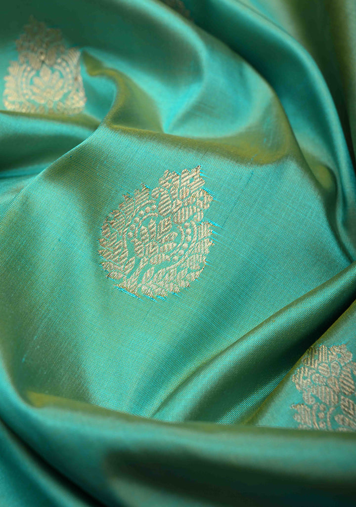 Turquoise Pure Banarasi Katan Silk Saree with Zari Buttas , MUlticolor stripes and Zari Border | SILK MARK CERTIFIED