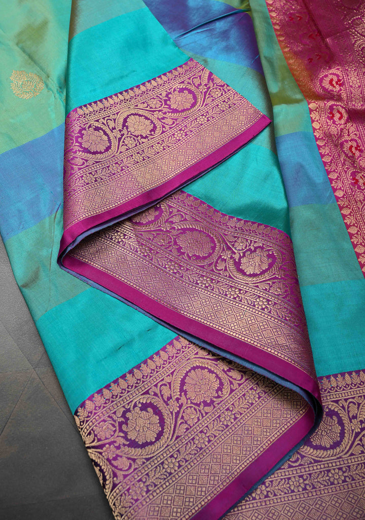 Turquoise Pure Banarasi Katan Silk Saree with Zari Buttas , MUlticolor stripes and Zari Border | SILK MARK CERTIFIED