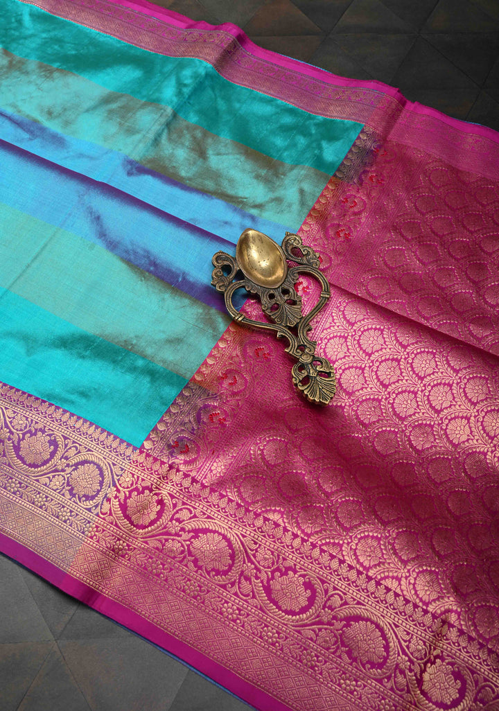 Turquoise Pure Banarasi Katan Silk Saree with Zari Buttas , MUlticolor stripes and Zari Border | SILK MARK CERTIFIED