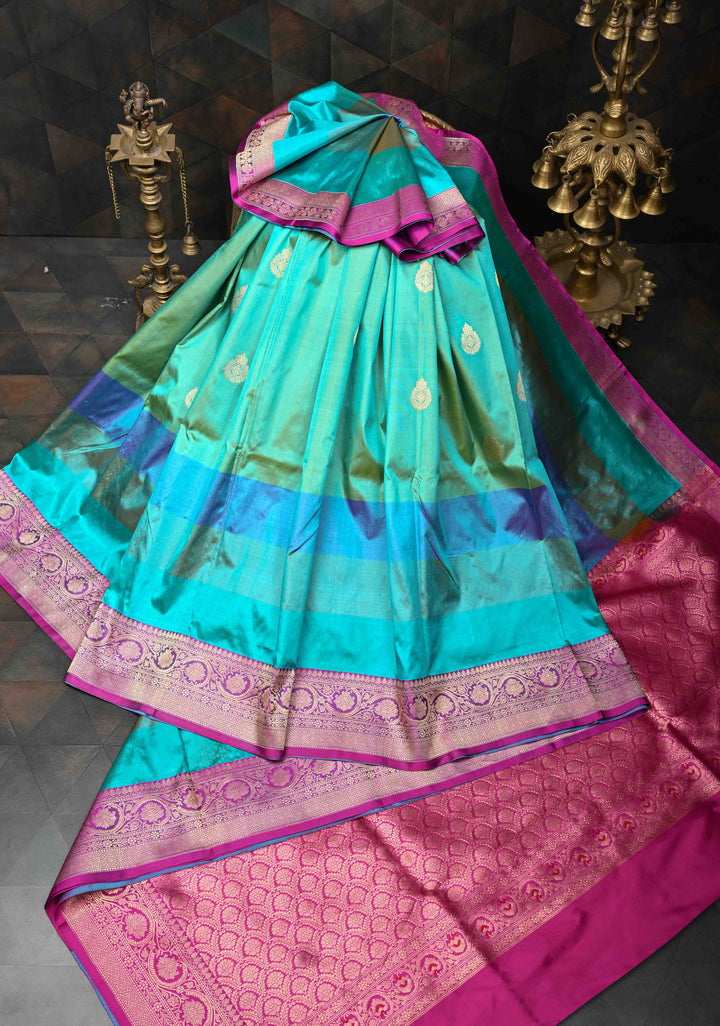 Turquoise Pure Banarasi Katan Silk Saree with Zari Buttas , MUlticolor stripes and Zari Border | SILK MARK CERTIFIED