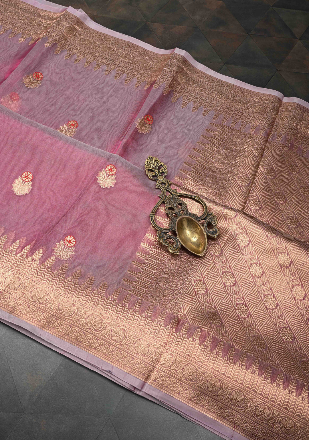 Onion Pink Pure Banarasi Organza Silk Saree with Meenakari Buttas and Zari Border | SILK MARK CERTIFIED