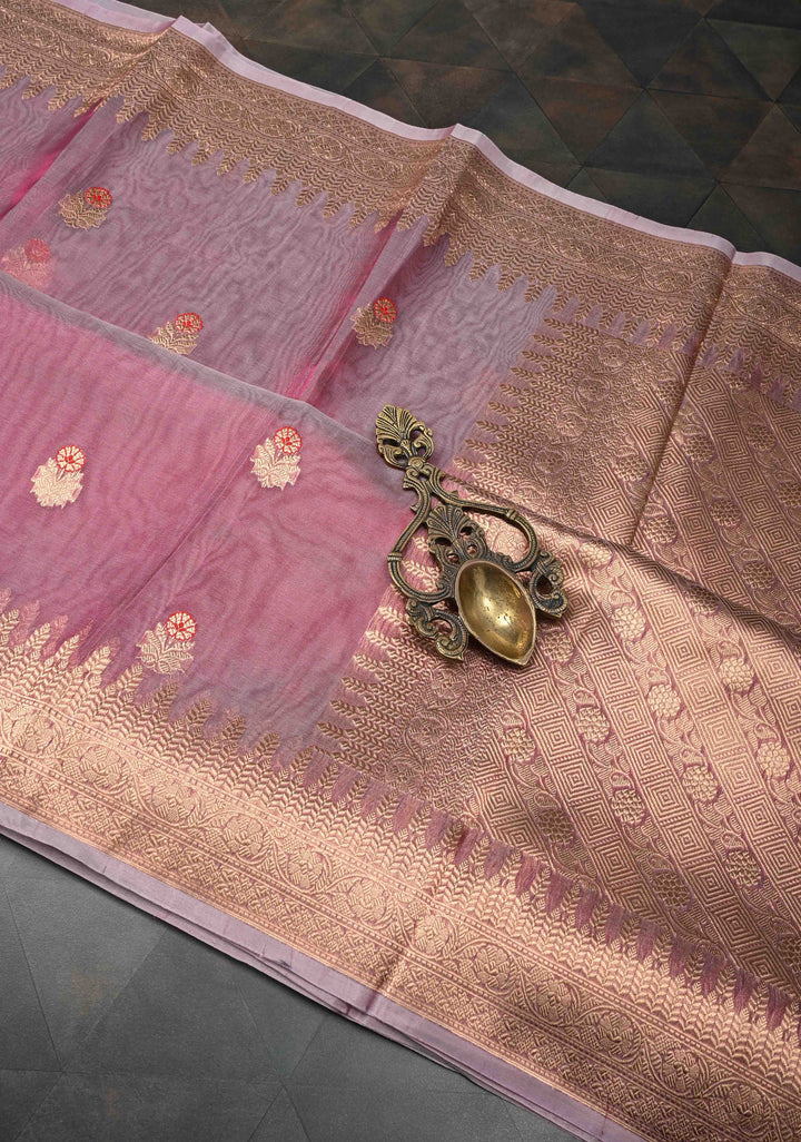 Onion Pink Pure Banarasi Organza Silk Saree with Meenakari Buttas and Zari Border | SILK MARK CERTIFIED