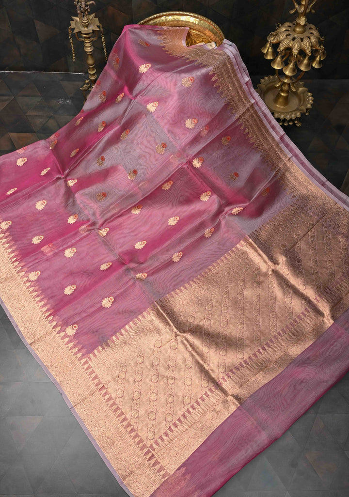 Onion Pink Pure Banarasi Organza Silk Saree with Meenakari Buttas and Zari Border | SILK MARK CERTIFIED