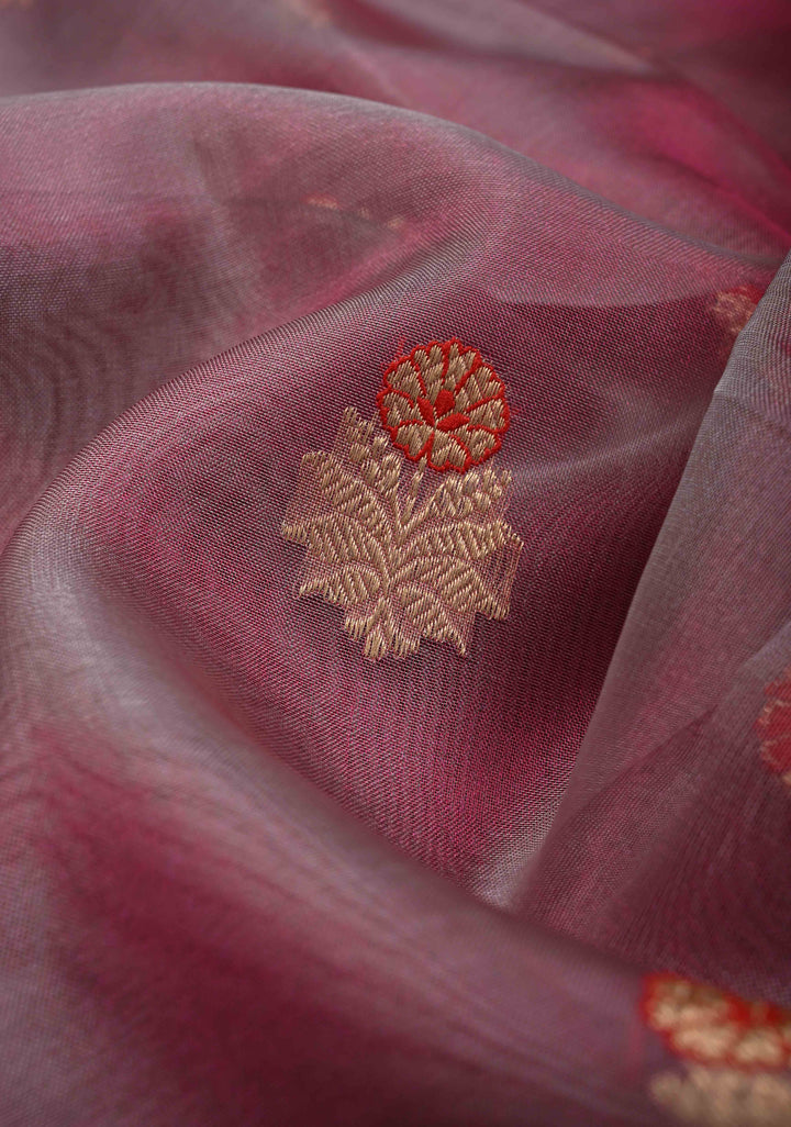 Onion Pink Pure Banarasi Organza Silk Saree with Meenakari Buttas and Zari Border | SILK MARK CERTIFIED