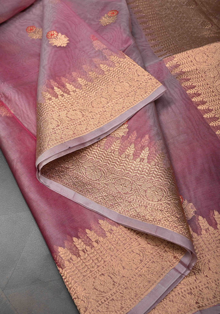 Onion Pink Pure Banarasi Organza Silk Saree with Meenakari Buttas and Zari Border | SILK MARK CERTIFIED