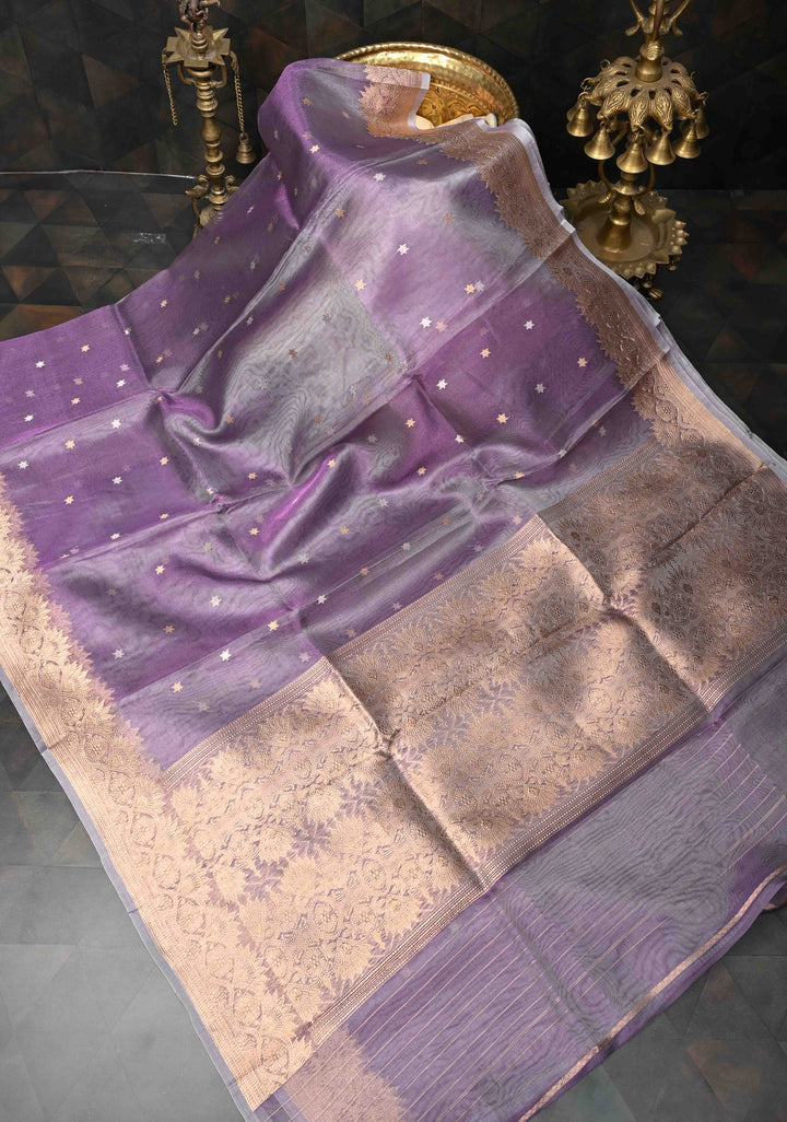 Lavender Pure Banarasi Organza Tissue Silk Saree with Sona Rupa Star Buttis and Zari Border | SILK MARK CERTIFIED